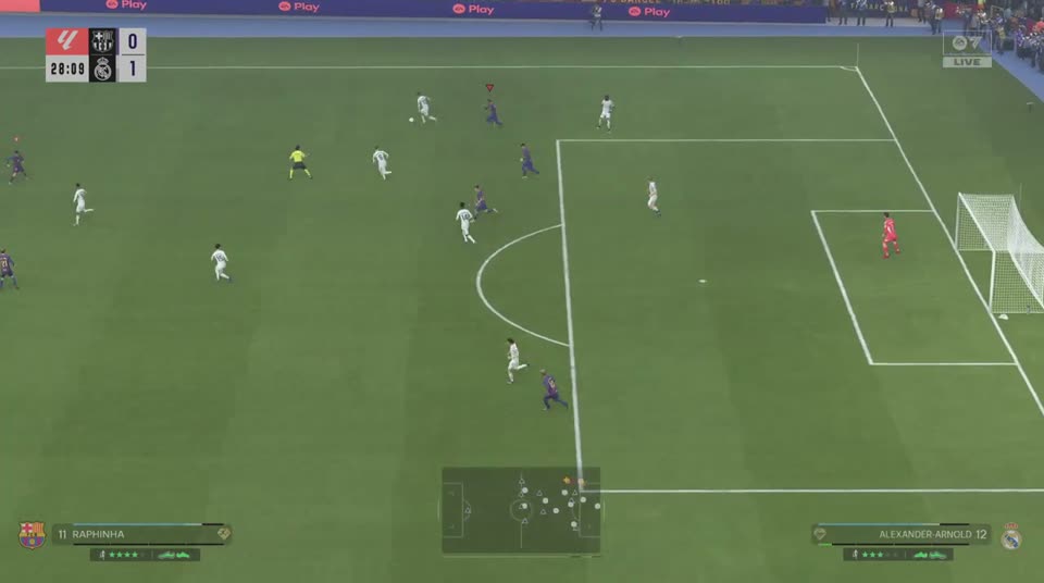 An attack in the opponent half, 28 minutes in, the score 0-1.
